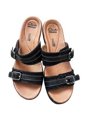 Clarks Collection Black Leather Comfort Sandals Size 6.5 Buckle Slides
